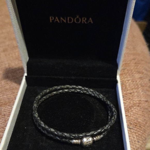 Pandora Charcoal Gray Leather Braided Double Bracelet with Sterling Silver Clasp - Picture 6 of 6